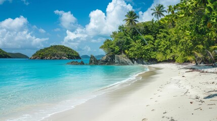 A secluded beach with turquoise water, white sand, and swaying palm trees. -