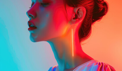 Minimalistic photography, fashion photoshoot of a woman model in the style of red and blue neon light background
