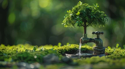 Rolgordijnen Bonsai Tree Growing from Water Tap on Mossy Ground © Sippung