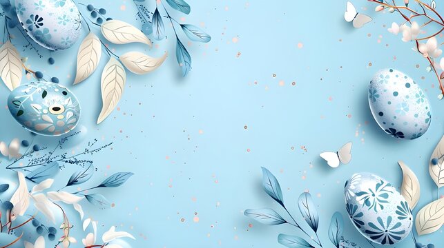 Easter Holiday Card. Easter eggs and natural flower decoration over blue background ai generated 