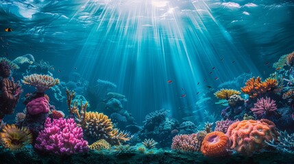 Underwater seascape with sunrays vibrant coral reef and marine life
