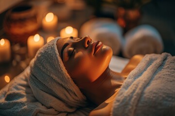 A serene spa moment, with soft towels and glowing candles enhancing relaxation.