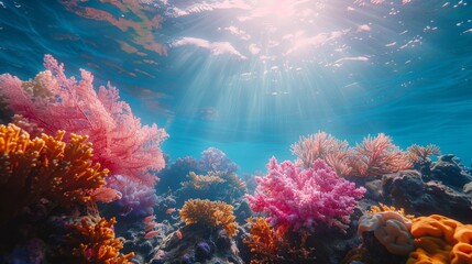 Fototapeta na wymiar Sunlit underwater view of a colorful coral reef in a clear blue ocean