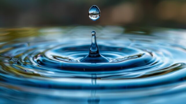 Closeup of a single water droplet creating ripples on a smooth blue surface
