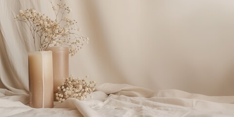 Elegant candles and dried flowers on a soft fabric background create a serene ambiance.