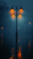 Street Light in Rain-Soaked Street