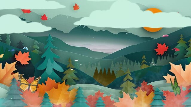 illustration of mountain view scene with maple leaves. seamless looping overlay 4k virtual video animation background