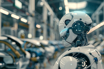 Robot working in car factory background.