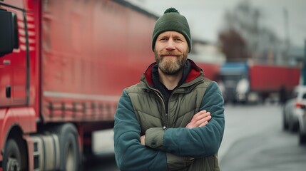 Fototapeta na wymiar Confident truck driver posing in front of red semi-truck. Professional at work, transport services. Casual outfit, real-world scenario. Commercial freight industry portrait. AI