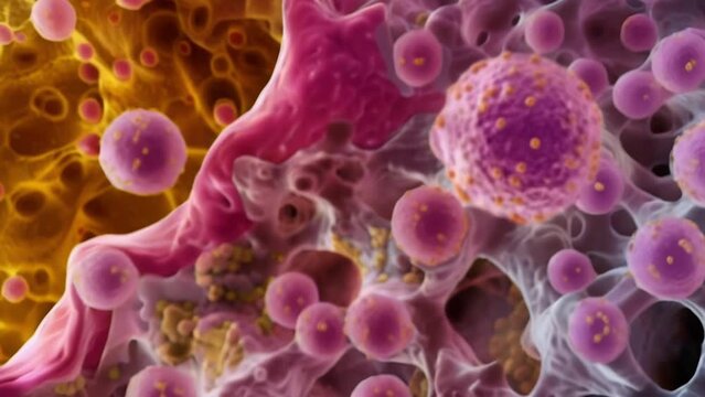 An image of a human liver tissue sample with s of tiny round s making their way through the cells. The s seem to be disrupting the . AI generation.