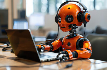 Photo of an orange humanoid robot with headphones sitting at a computer, working in an IT office - obrazy, fototapety, plakaty
