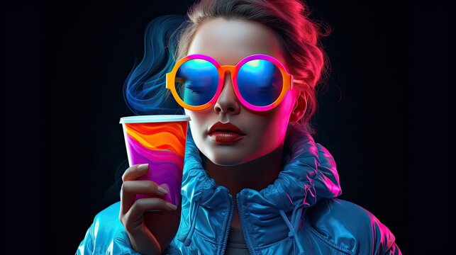  image of a young woman standing, wearing headphones and holding a coffee cup. The lady is wearing round, large glasses with a neon aesthetic and futuristic appearance.