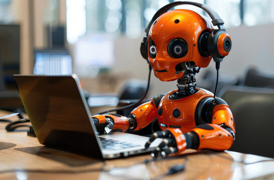 Photo of an orange humanoid robot with headphones sitting at a computer, working in an IT office