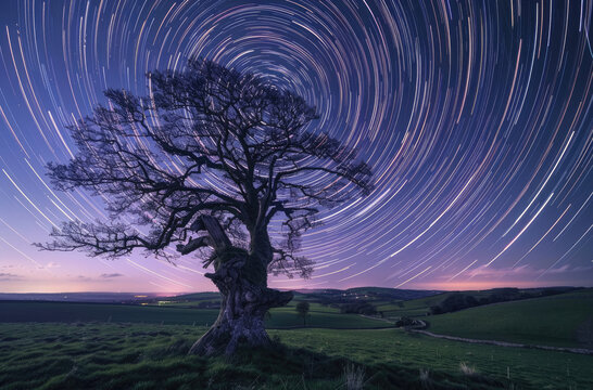 A tree in the middle of an open field, star trails in the sky, timelapse photography with long exposures