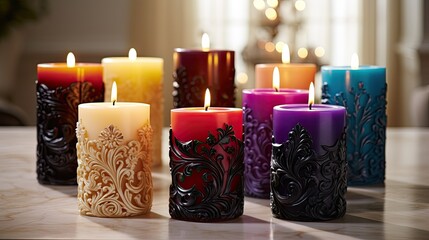 Highlight the decorative charm of candles, with ornate designs, intricate patterns, and vibrant colors that add a touch of elegance and sophistication to any decor. - obrazy, fototapety, plakaty