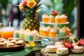 A tropical-themed dessert table adorned with pineapple-shaped cupcakes, coconut macarons, and...