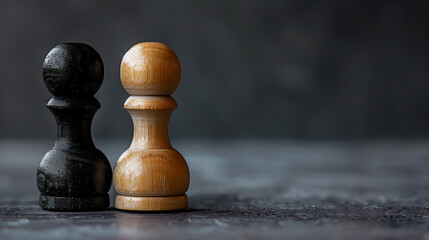 Two wooden pawns on dark background