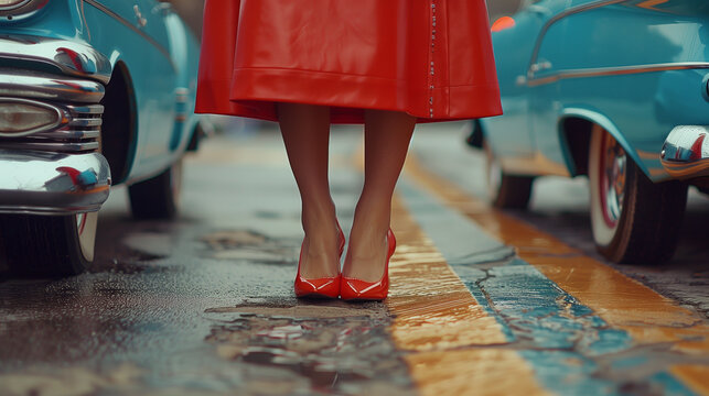 Woman in red shoes and red dress standing in front of classic car, retro image