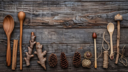 Wooden spoons on rustic background - obrazy, fototapety, plakaty