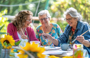Three happy senior women having fun painting at an outdoor art class in the garden of their community, summer time - obrazy, fototapety, plakaty