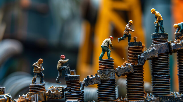 Construction miniature toy workers on construction site, business career concept image