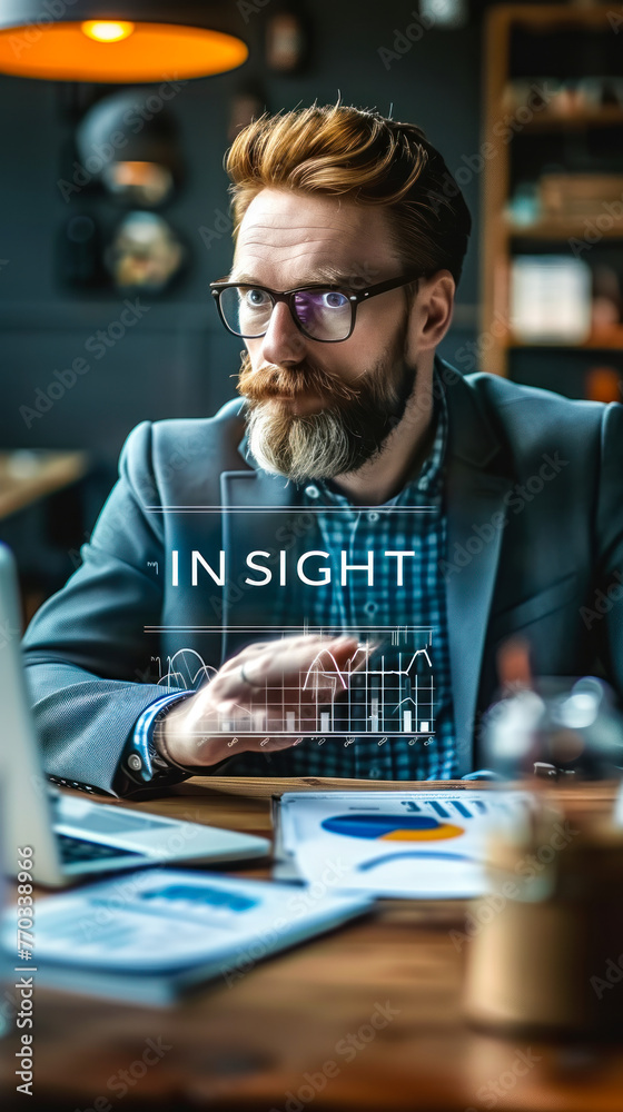 Poster professional gaining critical business insight using interactive data analysis tools on laptop in dy