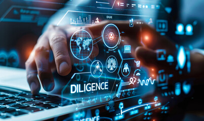 Business Professional Conducting Due Diligence with a Futuristic Interface Highlighting Research and Analysis Icons - obrazy, fototapety, plakaty