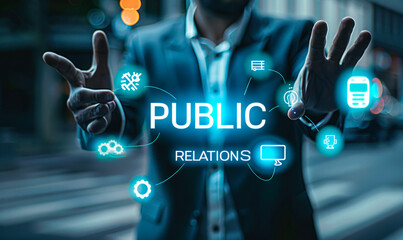 Businessman Utilizes Interactive Global Public Relations Interface with Communication and Marketing Icons