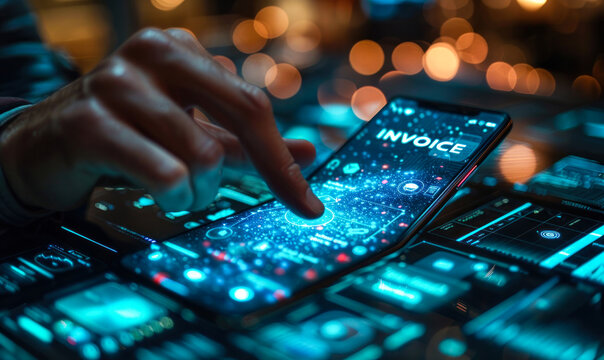 Businessman Using Smartphone App for Digital Invoicing and Billing, with a Futuristic Augmented Reality Interface