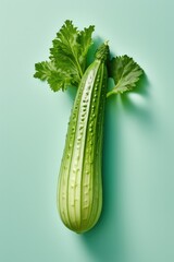One whole zucchini on green background. Overhead view studio shot.