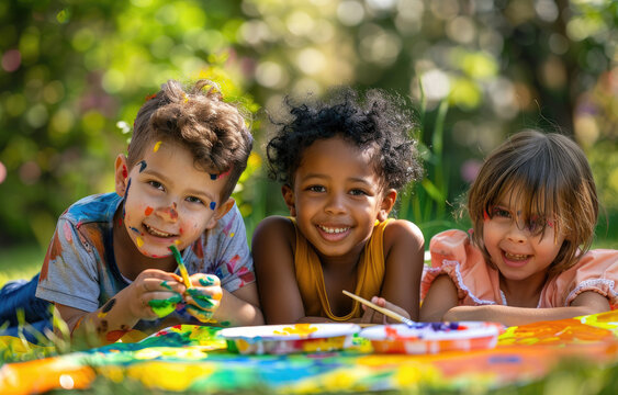 Three happy young kids having fun painting at an outdoor art class in the garden of their community, summer time