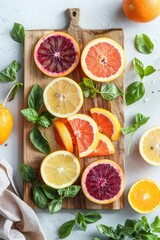 Oranges on chopping board on bright rustic counter top. Overhead view.