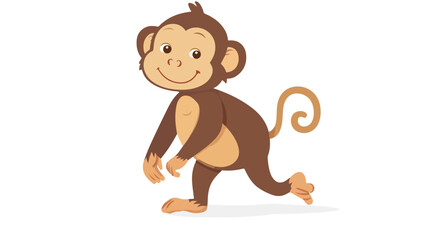 Cartoon funny monkey walking on white background flat