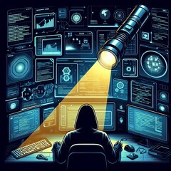 Cyberpunk vector illustration of a flashlight highlighting a hacker at work, surrounded by screens and code