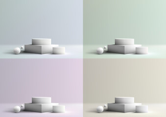 3D realistic showcasing clean podium stand with group white balls, elegantly placed in a pastels colors studio room background
