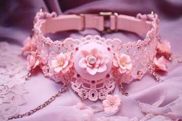 Coquette aesthetic-inspired pastel pink lace choker adorned with delicate floral accents, exuding feminine charm and elegance.