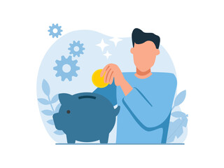 Vector of a man with a piggy bank saving money