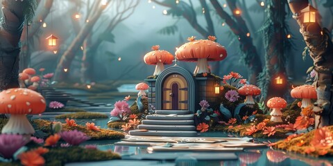 Charming 3D render of a tiny, fairy-like accountant diligently working on a fantastical, mushroom-shaped abacus in an enchanted, forest-inspired financial wonderland - obrazy, fototapety, plakaty