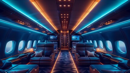 Luxurious Airline Cabin Interior at Night. Modern airplane's premium class interior illuminated...