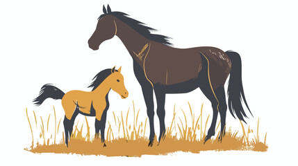 Hand-drawn horse and foal stand side by side 
