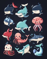 Cute, colorful vector collection of hammerhead sharks and krakens, showcasing the diversity of ocean animalsVector set of playful jellyfish and krakens, vibrant marine invertebrates, colorful ocean li - obrazy, fototapety, plakaty