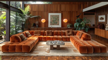 Stylish Mid-century Modern Living Room Interior with Orange Sofa