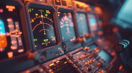 Focused View on Aircraft Cockpit Controls. Close-up of aircraft cockpit controls with glowing screens and buttons, highlighting the complexity and technology of modern aviation. - obrazy, fototapety, plakaty