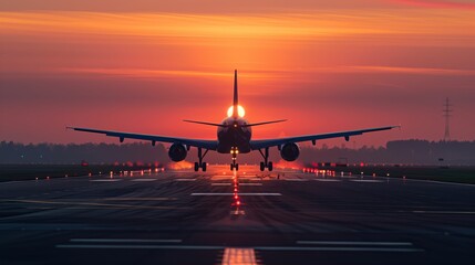 Commercial Airplane on Runway at Sunrise. Commercial airplane prepares for takeoff on a runway, with the sunrise directly behind it creating a stunning silhouette. - obrazy, fototapety, plakaty