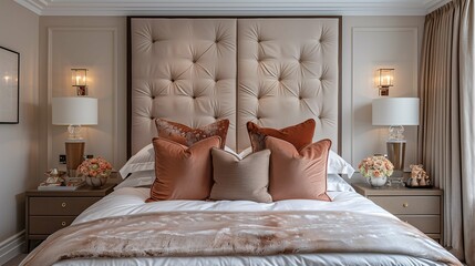 Elegant Bedroom Interior with Tufted Headboard and Luxury Bedding