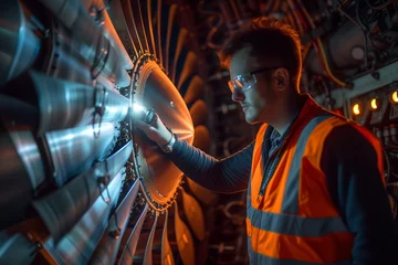 Fotobehang Aircraft Technician Inspecting Jet Engine with Flashlight. Attentive aircraft technician in an orange vest uses a flashlight to carefully examine a jet engine's internal components. © Old Man Stocker