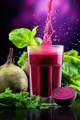 Beet root juice splash from glass on purple background.