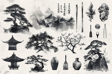 Large collection of Japanese brushes and design elements, sumie ink style, traditional handdrawn vector illustration , high resolution DSLR, 8K, high detailed, super detailed , ultra HD, 8K resolution - obrazy, fototapety, plakaty