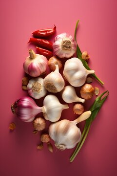 Cooking ingredients fresh spices and herbs - garlic and onions on coloured background.