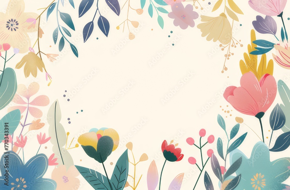 Wall mural 
A simple illustration featuring colorful flowers and leaves with a large blank space in the middle for text.